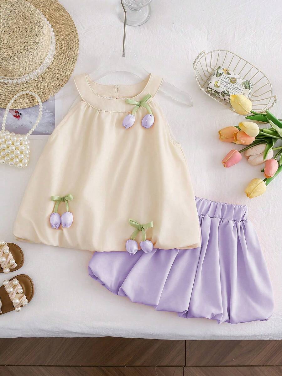 Set de 2 piezas con top de tirantes y falda casual con estampado de tulipanes, estilo princesa y fresco para niñas, para uso al aire libre - Púrpura malva - Ver 1