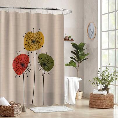 Scandinavian Shower Curtain Retro Mid Century Modern Bathroom Curtain Atomic Starburst 1950s 60s Bathtub Curtain Abstract Flowers Vintage