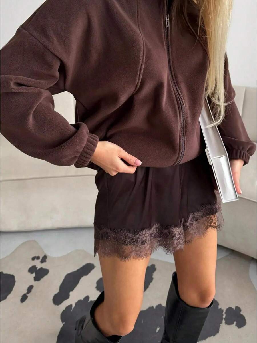 Boho Women's Lace Trim Satin Silk Shorts Shiny Elastic Waist Mini Shorts Pettipants Half Slip Shorts French Knickers Boyshorts For Dresses Full Coverage Underwear Lounge Pants - 巧克力棕 - 查看 1