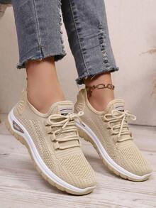2026 Novos Tênis Esportivos Casuais Femininos, Tênis de Malha Respirável e Leve, Solas Acolchoadas Grossas, Antiderrapante e Durável, Adequado para Caminhada, Viagem, Fitness, Uso Diário, Sapatos de Malha Confortáveis, Várias Cores, Cadarço Baixo, Detalhe no Calcanhar, Adequado para Caminhada ao Ar Livre, Trabalho e Deslocamento - Bege - Visão 3