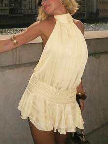 女士休闲性感吊带露背系带宽松迷你裙，适合春夏穿着，可作女士夏季连衣裙、女士夏季度假装、女士春季连衣裙、沙滩裙、女士沙滩装、女士派对连衣裙、优雅派对连衣裙、女士婚礼宾客连衣裙、伴娘连衣裙、女士优雅连衣裙、女士度假装、度假连衣裙、女士休闲连衣裙 - 黃色 - 查看 8