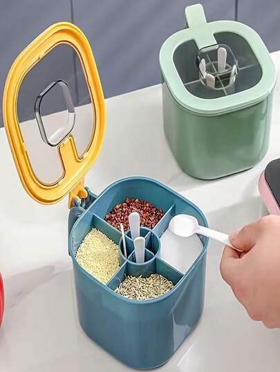 1PC A Single Household Kitchen Seasoning Jar With A Sealed Design, Featuring Four Compartments For Storing Salt And Other Seasonings. A Lid-Equipped Seasoning Container, A Container For Storing Spoons Of Food, Kitchen Supplies, Kitchen Accessories.