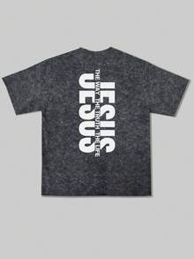 Zrgoth Camiseta de manga corta con elemento de eslogan en inglés de estilo americano minimalista y versátil casual para hombres - Gris Oscuro - Ver 4