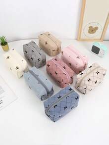 灯芯绒蝴蝶结设计铅笔盒，大容量拉链袋，带手提带，美观布艺笔袋，适用于学校和办公室用品收纳，便携式枕形文具包，适合日常使用 - 多色 - 查看 9