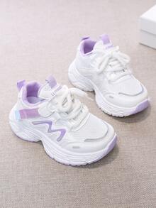 1 Pair Children's Casual Fashion Skateboard Shoes, PU Leather Multicolor Patchwork Upper, White, Purple, Light Green Color Scheme, Simple & Fresh, Soft, Lightweight, Comfortable, Convenient Hook And Loop Closure, Suitable For Children's Daily Sports, Leisure, Play, Holiday Occasions, Combining Aesthetics And Practicality. - Violet Purple - View 5
