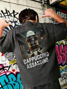 Tween Boys Students Casual Printed Round Neck Short Sleeve T-Shirt, Summer Top - Dark Grey - View 1