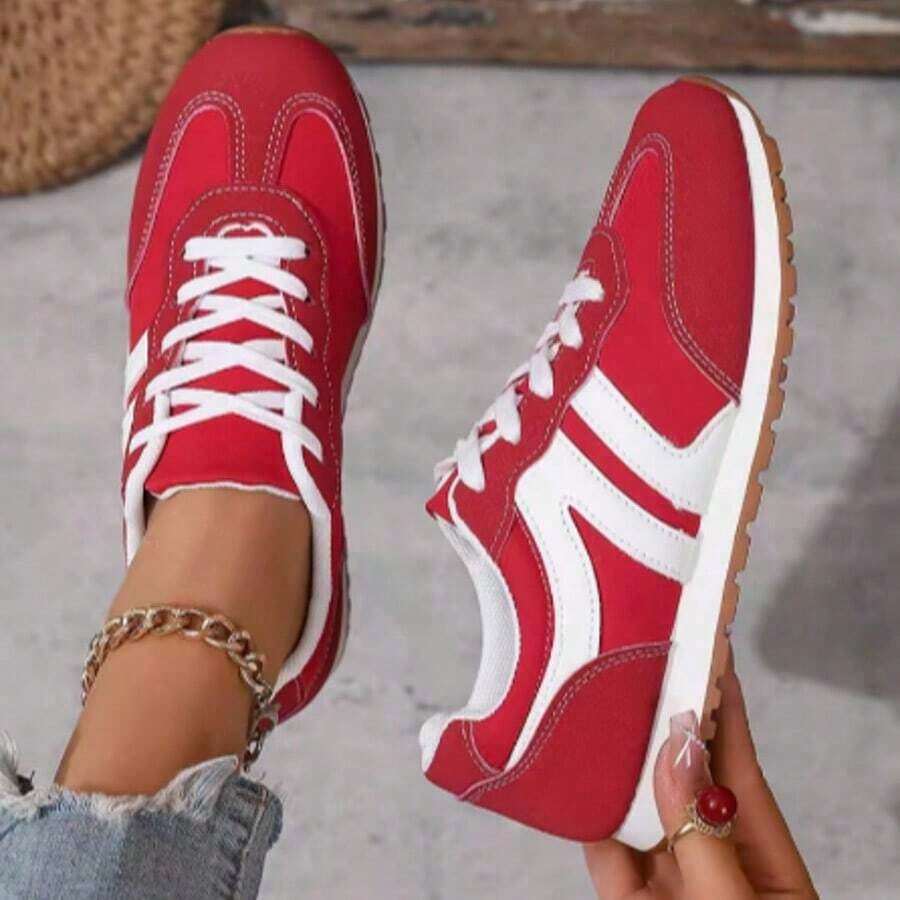 Women's Classic Fashion Comfortable Casual Versatile Lace-Up Lightweight Non-Slip College Style New Sports Shoes - 紅色 - 查看 1