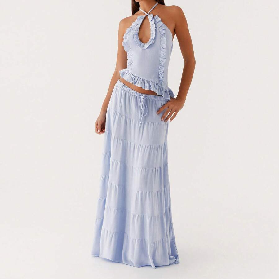 Y2k Ruffle Long Skirt Sets For Women 2 Piece Outfits Summer Ruched Backless Cami Top Matching Boho Maxi Skirt Set - 藍色-A - 查看 1
