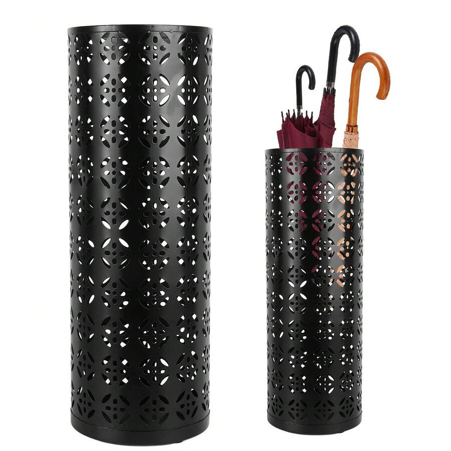 Soporte Para Paraguas Redondo A Prueba De Herrumbre Elegante Patrón De Cobre Hueco Soporte Para Paraguas De Metal Para La Entrada Del Hogar Negro 23x15x15cm / 9.1x5.9x5.9in - Negro 1 pieza - Ver 1