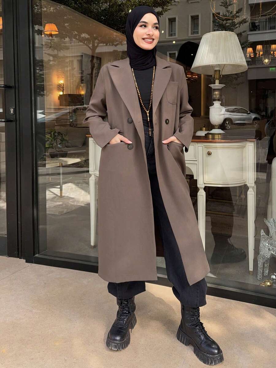 Livesso Double Breasted Lapel Neck Longline Coat,Fall Clothes Women Jacket - Chocolate Brown - View 1