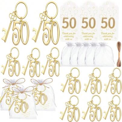 60个50周年纪念钥匙扣开瓶器，适合50岁生日派对，金色啤酒钥匙扣开瓶器，50周年结婚纪念日回礼，派对装饰或宾客纪念品