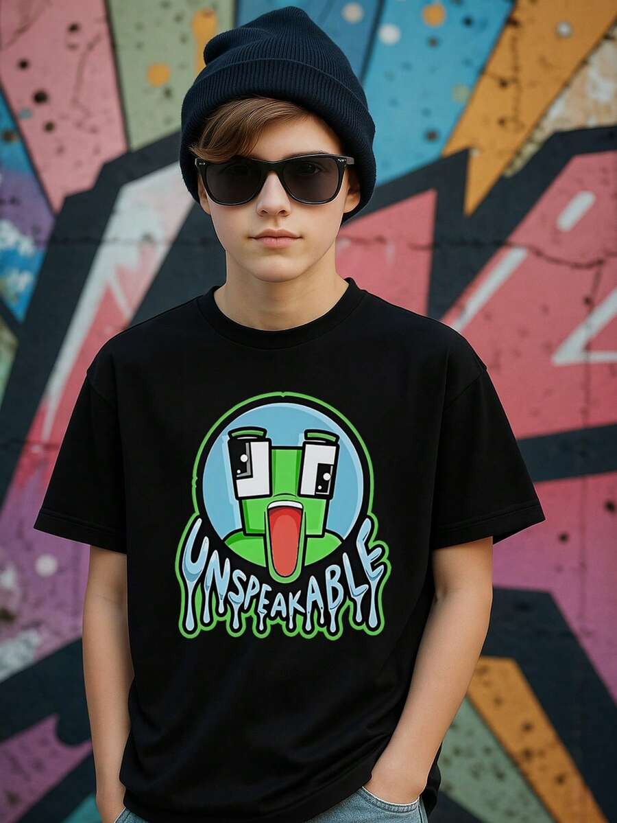 Tween Boys Graphic Cotton Round Neck T-Shirt, Black Tee With Cartoon Frog Character, Regular Length, Unspeakable Art Print Tops, Soft Breathable Clothes Boy's, Casual Fun. - FMY260127-FSB5 - 查看 1