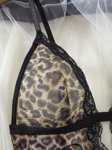 两件套女士豹纹条纹蕾丝拼接露背薄纱睡裙，V领性感娃娃衫，侧开衩睡裙，性感丁字裤，浪漫性感内衣 - 摩卡棕 - 查看 9