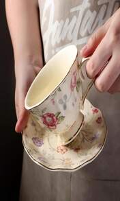 PICORLANE 8 Oz Vintage Flower Ceramic Cup And 6" Saucer Set With Brand Customized Stainless Steel Spoon Gifts For Afternoon Tea Coffee Hour (E) - MàuD - Xem 9