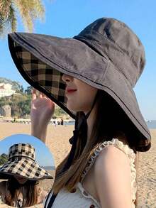 1pc Summer Wide Brim Sun Hat, Reversible Outdoor Versatile Bucket Hat - A - View 8