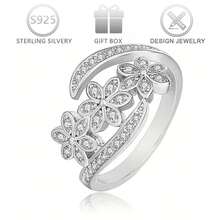 1pc 925 Silver Shiny Cubic Zirconia Unique Floral Design Open Ring, Elegant Bridal Party Cocktail Ring Suitable For Daily Wear, Wedding, Anniversary, Valentine's Day Gift - Silver - View 8