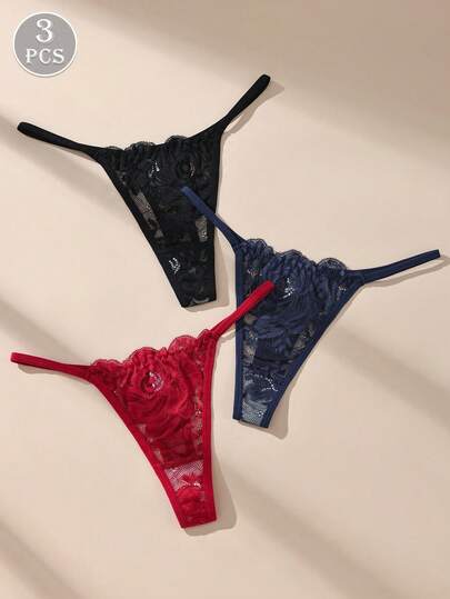 3条装纯色浪漫性感蕾丝丁字裤，弹力柔软舒适女士内裤