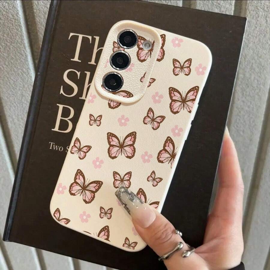 1pc TPU Material Elegant Pink Butterfly Floral Pattern Fashionable Phone Case Compatible With Samsung/Redmi Models - White - View 1