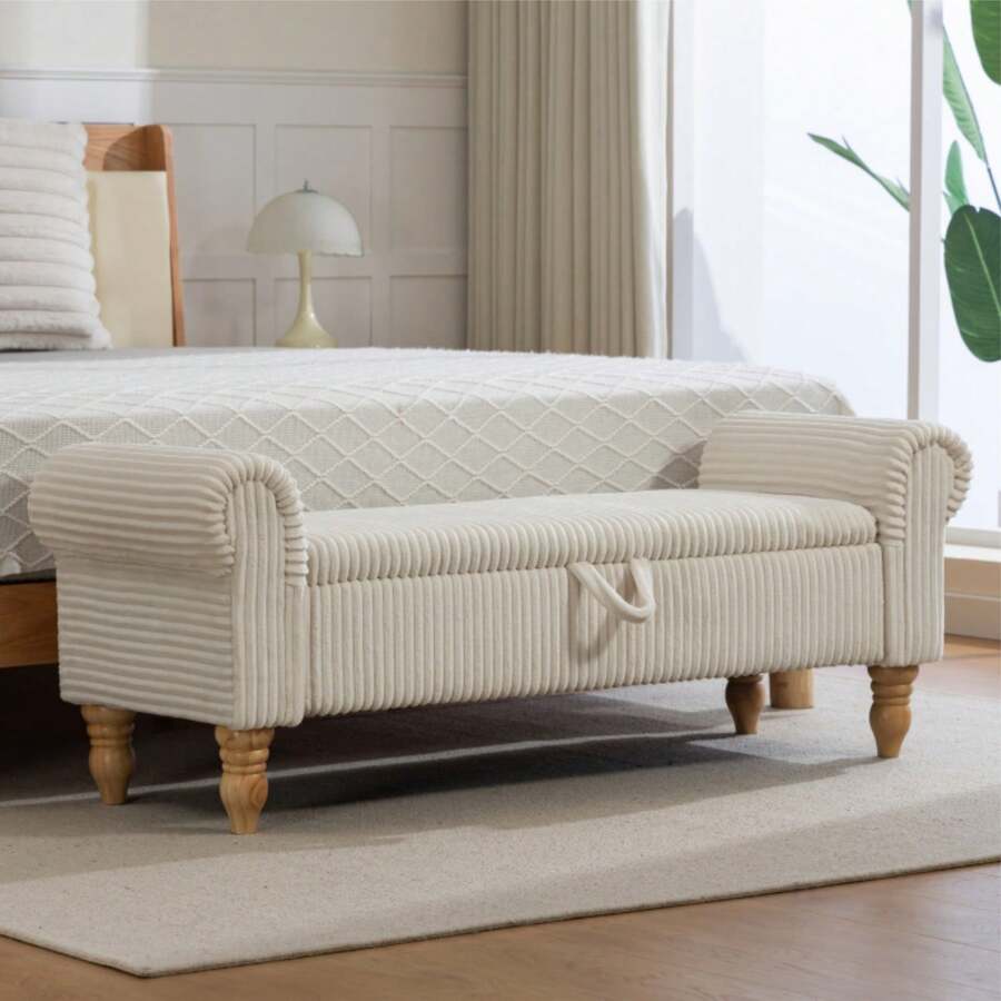 51.5" Storage Bench For Bedroom End Of Bed, Mid-Century Upholstered Ottoman With Storage & Rolled Arms, Corduroy Bedroom Bench Storage Chest Footrest,  Padded Window Seat Shoe Cabinet Stool Furniture For Bedroom, Entryway, Bedroom Essentials Home Decor, White - Vải nhung kẻ trắng - Xem 1