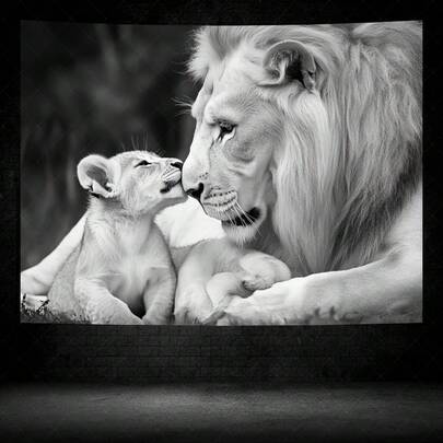 White Lion Tapestry Wall Hanging - Majestic Mountain Scene With Snowy Peaks & Clouds, Premium Fabric Horizontal Wall Art For Living Room, Bedroom, Office, Party Decor - No Installation Needed, Lion Wall Decor