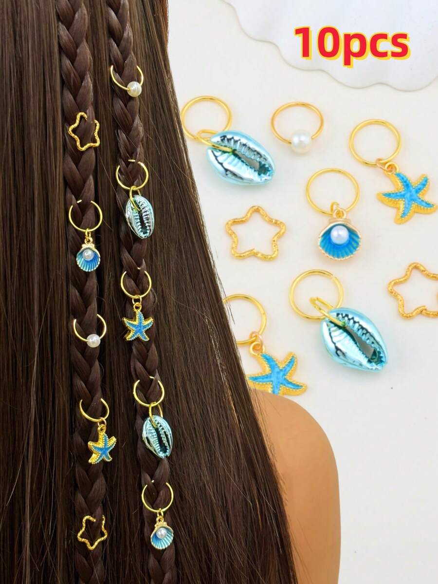 10pcs Blue Star Shell Dreadlock Hair Rings, Cute & Playful, Suitable For Music Festivals, Holidays, Versatile - Gold - View 1