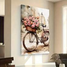 1Pc Wooden Frame Wrapped Canvas Painting, Retro Bicycles And Pink Roses, Modern Living Room And Bedroom Wall Decoration, Home And Office Wall Decoration, Perfect Gift And Home Decoration, Wrapped Canvas Painting, 2D Flat - 粉紅色 - 查看 6
