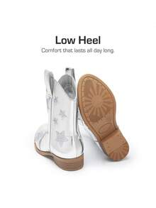 Girls Cowgirl Boots Mid Calf Glitter Cowboy Western Boots Toddler Girls Star Riding Shoes - 銀色 - 查看 9