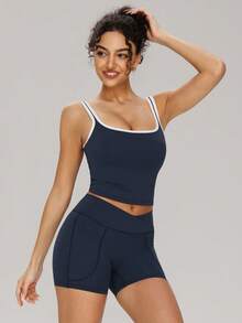 MASKERT 2pcs/Set Women Contrast Color Cropped Tank Top + Sports Shorts, Skin-Friendly Comfortable, Slim Fit, Suitable For Yoga, Fitness Training And Running Exercises - Navy Blue - View 7