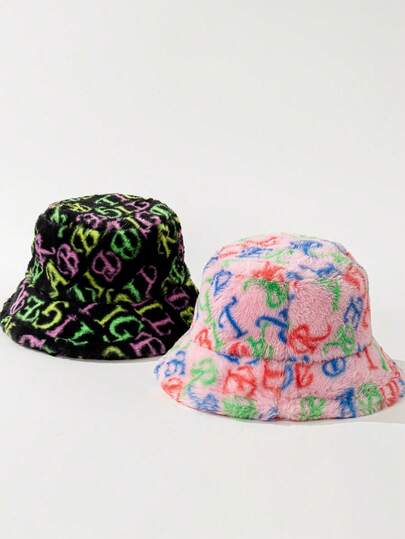 1顶女士Y2K荧光涂鸦仿毛皮柔软舒适保暖蓬松渔夫帽，街头风，适合派对、狂欢节、音乐节等场合