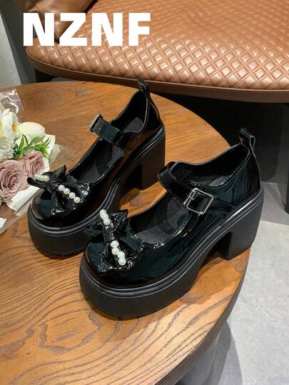 NZNF 黑色粗跟百搭真皮鞋，女士2026新款春夏圆头厚底复古玛丽珍鞋