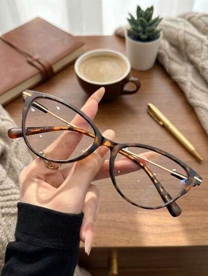 1pc Matte Tortoiseshell Gold Frame Oval Glasses With Clear Lenses, Vintage Inspired Casual Everyday Wear For Commuting, Office, Study, Shopping, Lightweight Retro Style For Women