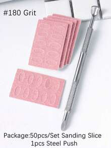 50片粉色指甲打磨垫和钢制推杆套装 | 180目自粘抛光锉，用于指甲打磨和抛光 | 适用于贴片式美甲和俄式美甲 | 返校必备美甲用品 - 彩色 - 查看 6