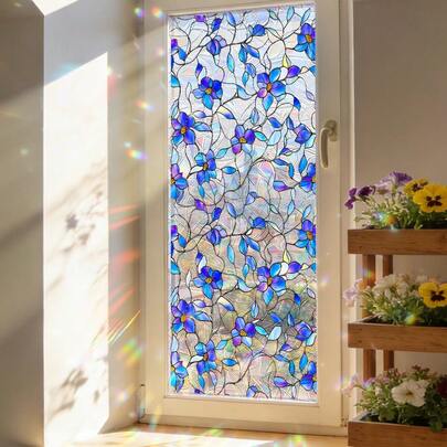 1/5pcs Retro Geometric Leaf And Floral Vine Stained Glass Window Film, Reusable PVC Rainbow Prism Effect Window Sticker, Suitable For Bedrooms, Living Rooms, Offices, And Interior Home Decoration.
