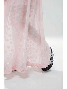 女士优雅甜美荷叶边蕾丝网纱长裙，夏季粉色 - 粉色 - 查看 7