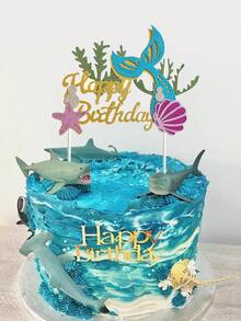 1pc Double Layer Mermaid Tail, Seashell, Starfish Birthday Party Cake Topper - Multicolor - View 1