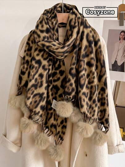 1pc Faux Cashmere Elegant Vintage Leopard Print Jacquard Pom Pom Scarf, Women Fashion Versatile Warm Shawl Wrap For Daily Outfit Decoration And Neck Protection