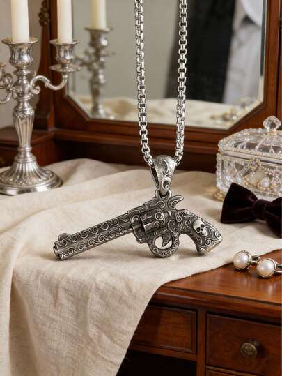 1 pieza Nuevo collar colgante de revólver esqueleto retro para hombres y mujeres, joyería de hip-hop, rock, motocicleta y fiesta, regalo