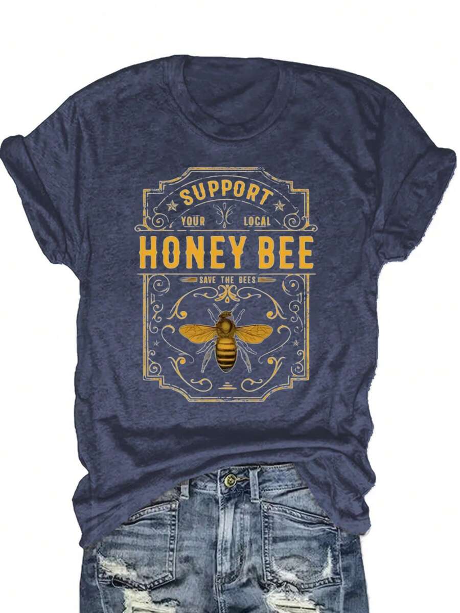 "Support Local Beekeepers" Vintage Bee & Hive Print Tee | Soft Blended Crewneck For Nature Lovers, Casual Summer & Beekeeping Events | Comfy, Machine Washable - 藏蓝色 - 查看 1