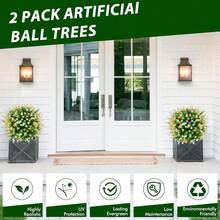 2 Pack Artificial Boxwood Topiary Ball Tree With Spike,15.75\ Outdoor UV Resistant Fake Plants Shrubs Bushes,Faux Flower EverGre1en For Pot Fillers Planter Porch Yard Outside Spring Decoration - Trắng Vàng - Xem 5