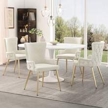 Samt-Esszimmerstuhl, 4er-Set, Luxurious Wohnzimmer-Schlafzimmer-Loungesessel Mit Vier Goldfarbenen Metallstützbeinen, Beige[OLD SKU:N634P184684A-4] - Beige + Velvet - View 8