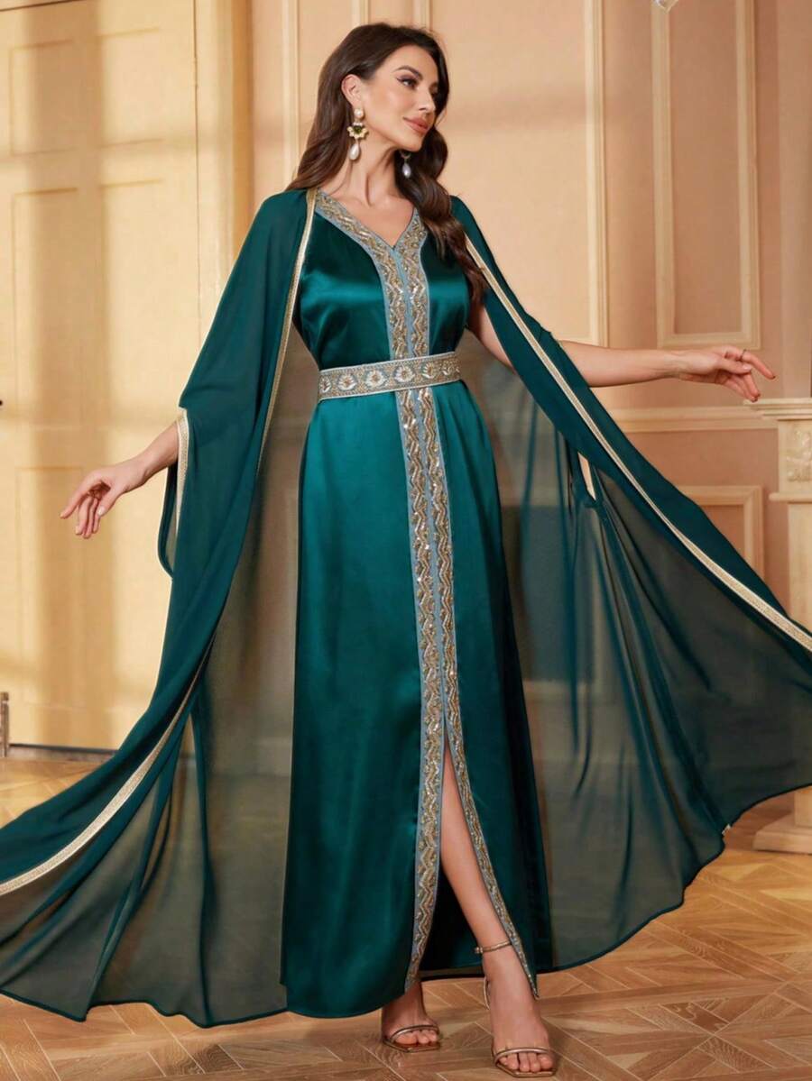 2pcs/Set Chiffon Lace Inlaid V-Neck Tie Waist Extra Long Dress, Arabian Style For Women