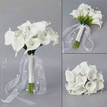 白色马蹄莲新娘捧花、伴娘捧花、人造花婚礼教堂装饰、婚礼派对摄影道具、新娘配饰、夏季、海滩 - 白色A01 - 查看 14