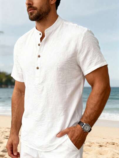 GOLDREDY Men's Casual Fashion Half-Zip Mandarin Collar Solid Color Minimalist Shirt, Suitable For Home, Commute Or Outdoor Wear, Simple & Elegant, Versatile Essential