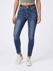 Women's Casual Cropped Denim Skinny Jeans With Pocket And Zipper Details High Stretch Fabric - Blue - View 3