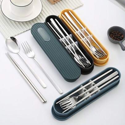 1 Set Customizable 304 Stainless Steel Portable Cutlery Set, Includes Korean Spoon, Fork And Bamboo Chopsticks, Striped Gift Box. Customizable Fashionable Styles. Ramadan