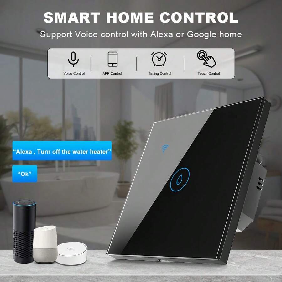 1PC/2PCS Zigbee Smart Wall Power Switch 40A 8000W Water Heater Touch Switch, Tempered Glass Panel, App Remote Control, Voice Control, Timer Countdown, Group Sharing, Backlight Indicator For Bathroom Kitchen Smart Home, ZigBee Gateway Required - Multicolor - View 1