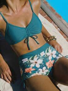 2pcs Green Floral Print Wrap Style Swim Brief Set, Suitable For Multiple Occasions Vacation Beach Summer - Blue - View 2