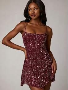 Vestido mini ajustado sexy con volantes en el bajo y pedrería, vestido de fiesta transparente, vestido de noche formal para mujer, vacaciones, boda - Burdeos - Ver 6