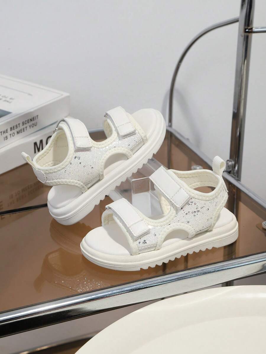 1 Pair Girls' Fashion Versatile Casual Sandals, Soft Bottom Comfortable Sequin Princess Sandals, Toddler First Walking Sandals - White - View 1