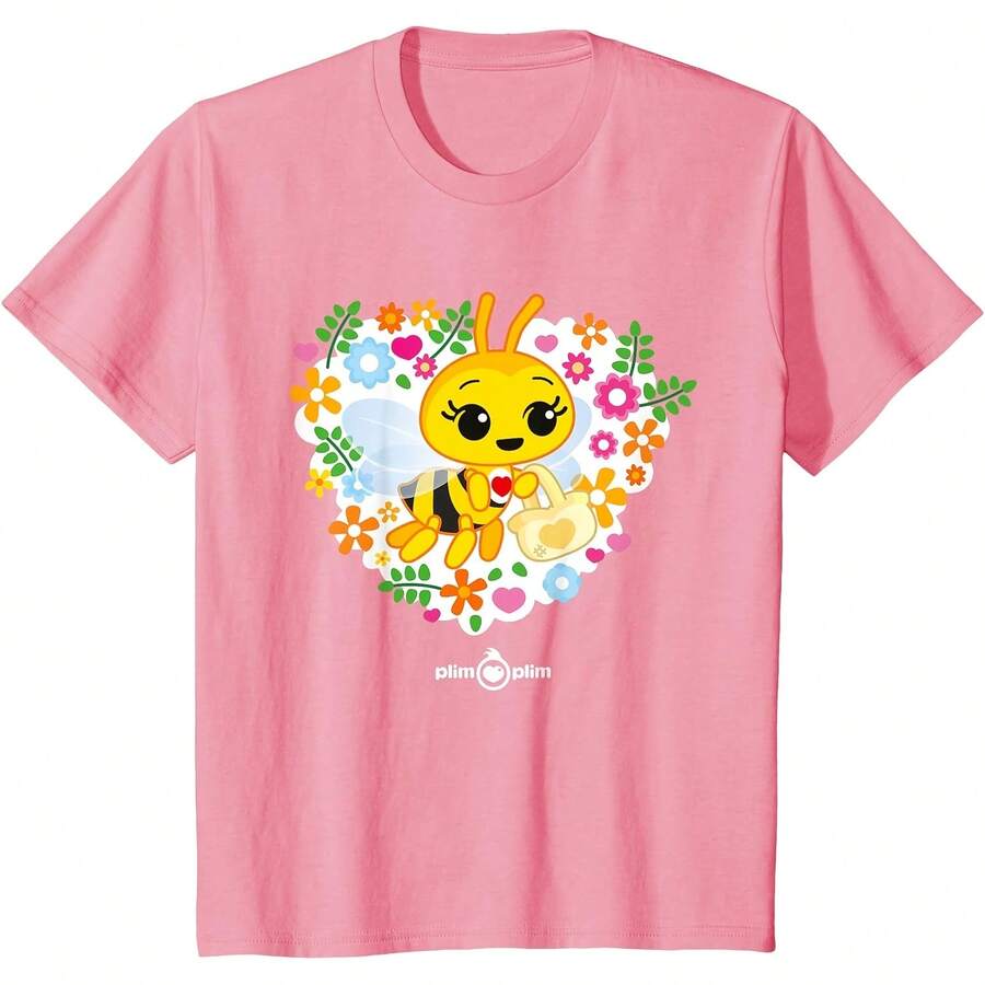 Plim Plim Bee Bee In Flower Wreath Cute Design T-Shirt All Seasons,220g Pure Cotton Single-Sided Printed Crew Neck Short-Sleeved T-Shirt,Unisex Top,Base Layer - Màu 2 - Xem 1